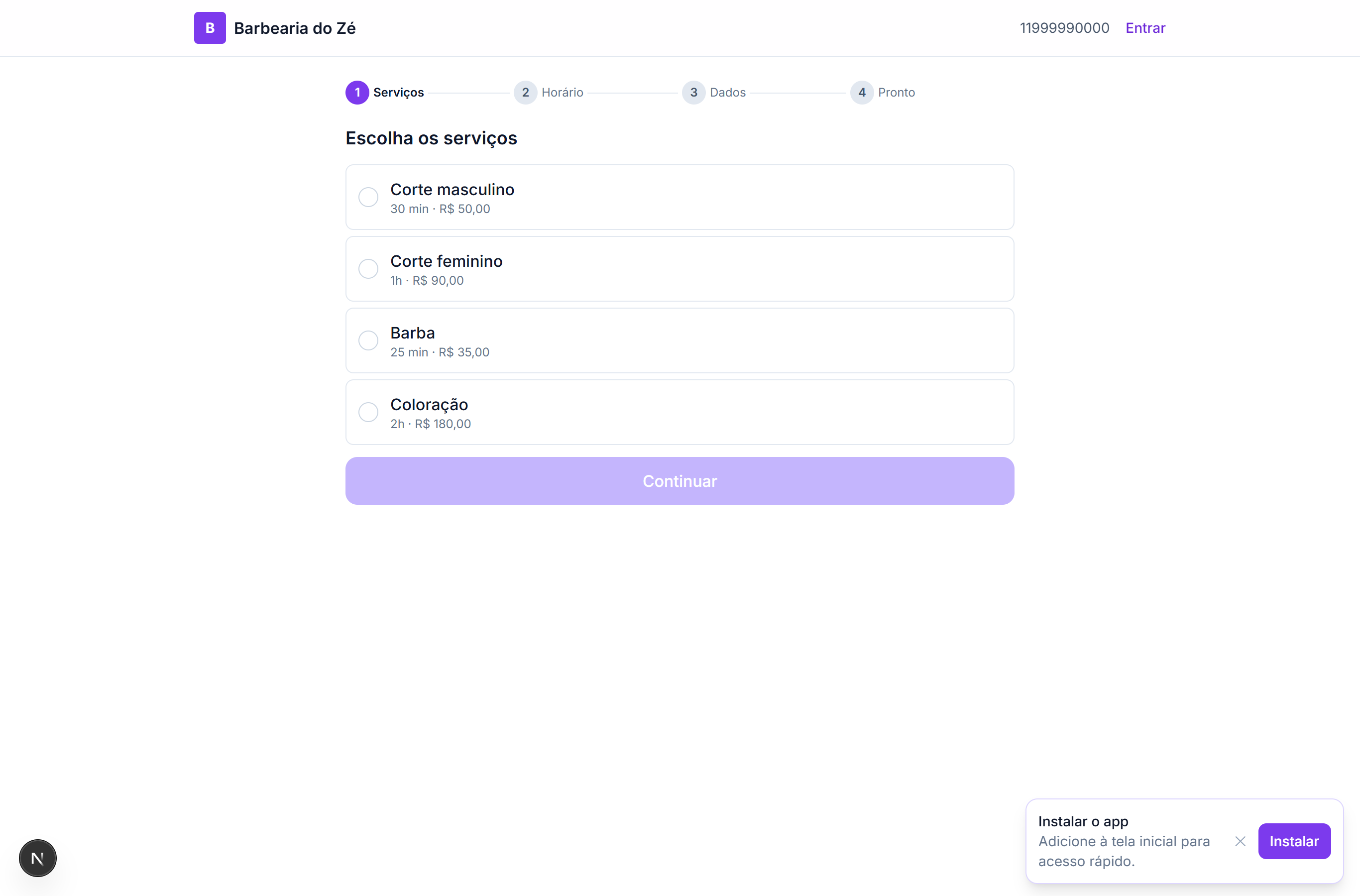 Página pública de agendamento (visão do cliente)